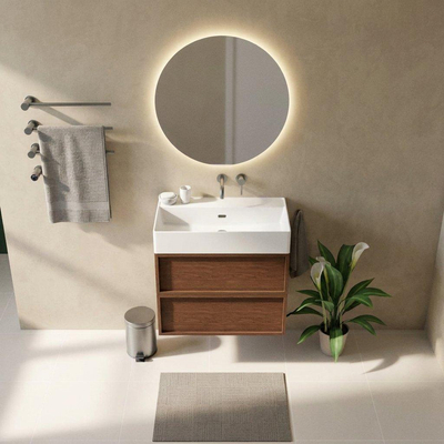 Saniclass Holz Frame Ensemble de meubles de salle de bains - 80x45x72cm - Legend lavabo en céramique blanc - 1 vasque - sans trou de robinet - 2 tiroirs - noyer pure mat (bois)