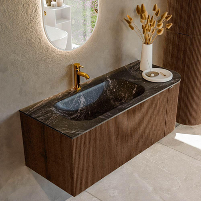 MONDIAZ KURVE-DLUX Meuble de salle de bains 115 cm avec module 25 R couleur Noyer avec 1 tiroir et 1 porte. Lavabo BIG SMALL gauche 1 trou de robinet couleur Lava.