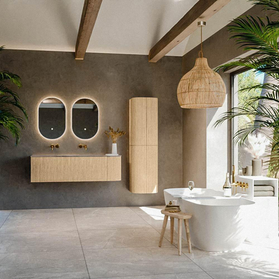 MONDIAZ KURVE-DLUX Meuble de salle de bains 145cm arrondi à droite couleur Chêne avec 1 tiroir et 1 porte. Lavabo BIG LARGE à gauche sans trou de robinet Oza.