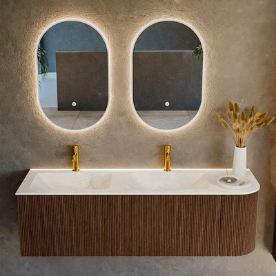 MONDIAZ KURVE-DLUX meuble de salle de bains 145cm avec module 25 R couleur Walnut avec 1 tiroir et 1 porte. Lavabo LEAF double / gauche 2 trous de robinet couleur Opalo.