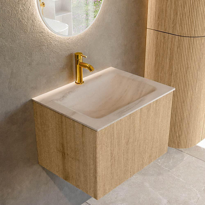 MONDIAZ KURVE-DLUX 60cm badmeubel kleur Oak met 1 lade en 0 deuren. Wastafel CLOUD Midden 1 kraangat Meli.