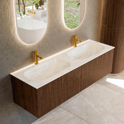 MONDIAZ KURVE-DLUX 150cm badmeubel kleur Walnut met 2 lades. Wastafel STOR SMALL dubbel 2 kraangaten kleur Ostra.