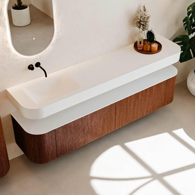 MONDIAZ THOR Meuble de salle de bains 200cm arrondi gauche + droite couleur Ruby avec 2 tiroirs et 2 portes. Vasque suspendue CLOUD Gauche sans trou de robinet couleur Talc.