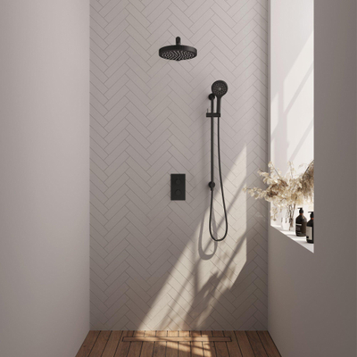 BRAUER Stripe Douche de tête encastrée thermostatique - 3 voies - rectangulaire - SET 22 - tête de douche 25 cm - bras mural droit - douchette 3 jets - flexible de douche - barre de douche intégrée - noir mat