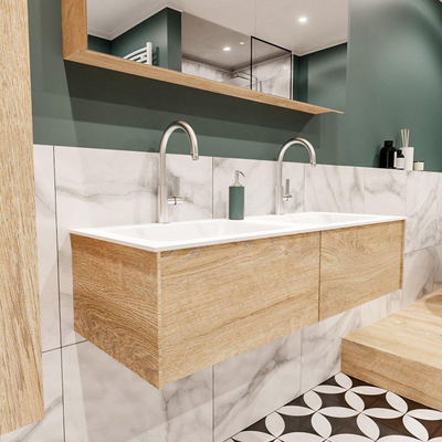 MONDIAZ LUSH Ensemble de meuble salle de bain - 120cm - 2 tiroirs - lavabo cloud - 2 lavabos - 2 trous de robinet - chêne blanchi