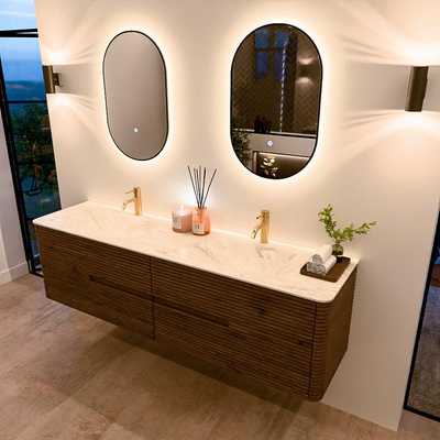 Mondiaz CIRO-DLUX Badkamermeubelset - 180x45x50cm - Solid surface wastafel Ostra - 2 wasbak Dubbel - 2 kraangaten - 4 lades - Dusk