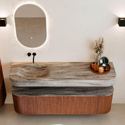 MONDIAZ THOR-DLUX 160cm meuble de salle de bains arrondi gauche + droite couleur Ruby avec 1 tiroir et 2 portes. Vasque suspendue CLOUD Gauche sans trou de robinet couleur Oza.