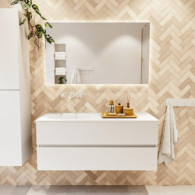 MONDIAZ VICA meuble sous lavabo 120cm Talc 2 tiroirs. Lavabo MOON gauche sans trou de robinet, couleur Talc.