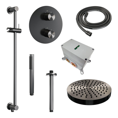 BRAUER Stripe Thermostatische Inbouw Regendouche - 3-weg - rond - SET 45 - 25cm douchekop - plafondarm - staaf handdouche - doucheslang - geïntegreerde glijstang - gunmetal geborsteld PVD