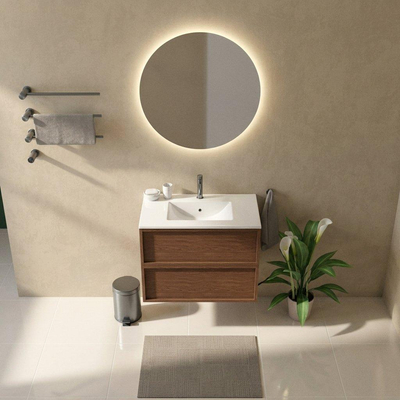 Saniclass Holz Frame Ensemble meuble de salle de bains - 80x45x62cm - lavabo Vygo en céramique blanc - 1 vasque - 1 trou de robinetterie - 2 tiroirs - noyer pur mat (bois)