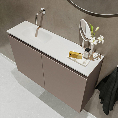 MONDIAZ TURE Toiletmeubel 80x23x50cm met 0 kraangaten 2 deuren smoke mat Wastafel Eden links Solid Surface Wit