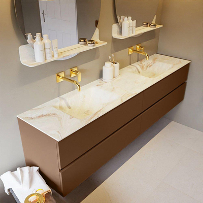 MONDIAZ VICA-DLUX Ensemble meuble de salle de bains - 200cm - meuble bas Rust - 4 tiroirs - lavabo encastré Cloud double - sans trous de robinet - version haute 60cm - Frappe