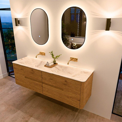 Mondiaz CIRO-DLUX Ensemble de meubles de salle de bains - 160x45x50cm - Plan-vasque solid surface Frappe - 2 vasques double - sans trous de robinetterie - 4 tiroirs - Chêne