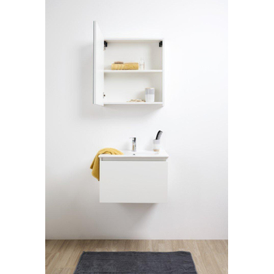 Nemo Go Ensemble de meuble - 60x65x45.5cm - 2 tiroirs - avec poignée - 1 vasque Blanc brillant - 1 trous de robinet - avec armoire toilette - MDF Riverside oak