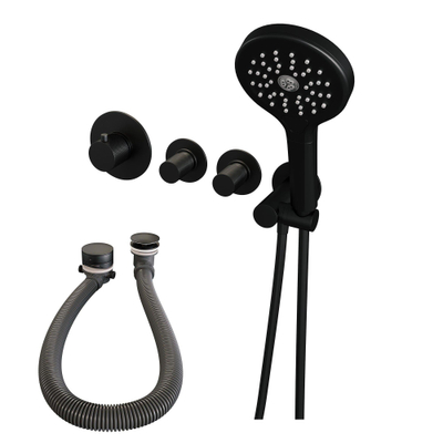 Brauer Black Carving Robinet de baignoire encastrable - avec set de douchette - avec partie encastrable - 1 fonctions - 3 boutons carving - douchette ronde 3 jets - noir mat