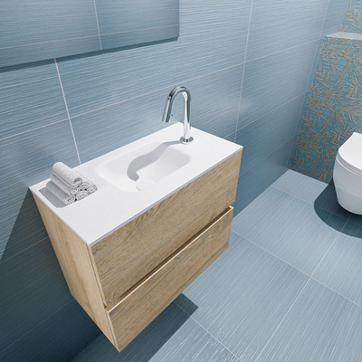 MONDIAZ ADA Toiletmeubel - 60x30x50cm - 1 kraangat - 2 lades - washed oak mat - wasbak midden - Solid surface - Wit