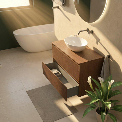 Saniclass Holz Atelier Ensemble meuble de salle de bains - 100x45x62cm - plan de travail en bois - sans trou de robinetterie - 2 tiroirs - walnut pure mat (bois)