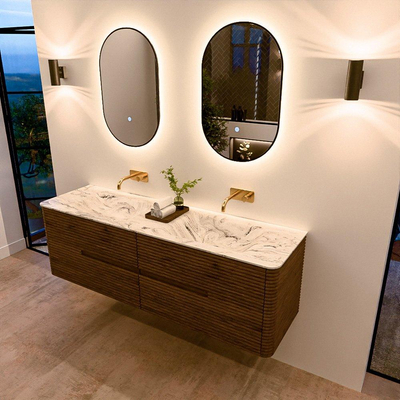 Mondiaz CIRO-DLUX Meuble de salle de bains - 160x45x50cm - Plan vasque solid surface Glace - 2 vasques Double - sans trous de robinet - 4 tiroirs - Dusk
