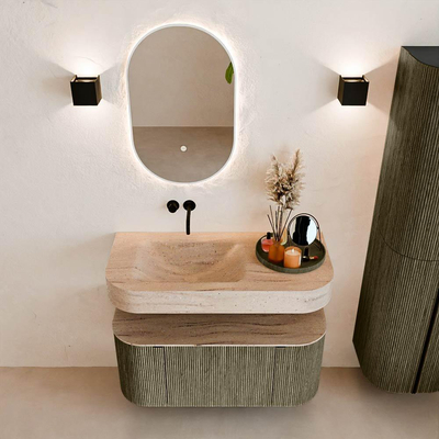 MONDIAZ THOR-DLUX 100cm meuble de salle de bains arrondi gauche + droite couleur Shadow avec 1 tiroir et 2 portes. Vasque suspendue CLOUD gauche sans trou de robinet couleur Saba.