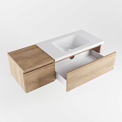 MONDIAZ BUKLA 120cm meuble de salle de bain avec module 40 couleur Chêne blanchi avec 2 tiroirs. Lavabo CLOUD à droite 0 trou de robinet couleur Talc.
