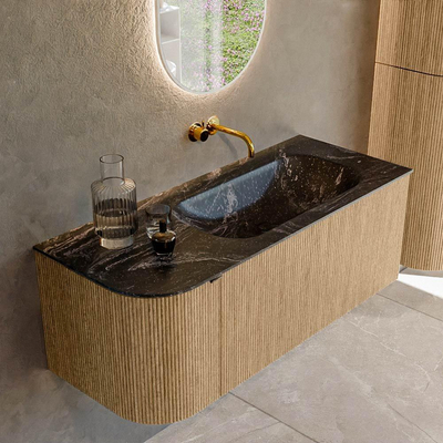 MONDIAZ KURVE-DLUX 115cm badmeubel met module 25 L kleur Oak met 1 lade en 1 deur. Wastafel BIG SMALL rechts zonder kraangat kleur Lava.