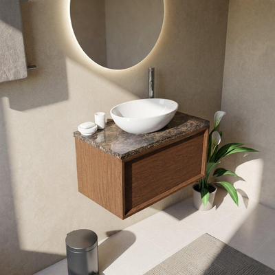 Saniclass Holz Frame Ensemble meuble de salle de bains - 80x45x43cm - plan de travail en pierre naturelle Noche dark emperador - 1 trou de robinetterie - 1 tiroir - noyer pur mat (bois)