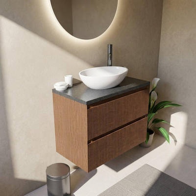 Saniclass Holz Atelier Ensemble de meuble de salle de bains - 80x45x63cm - Plan vasque en basalte Noche poli (noir) - 1 trou de robinet - 2 tiroirs - walnut pure mat (bois)