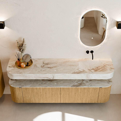 MONDIAZ THOR-DLUX 190cm badmeubel ronding links + rechts kleur Oak met 2 lades en 2 deuren. Vrijhangende wastafel CLOUD Rechts zonder kraangat kleur Frappe.