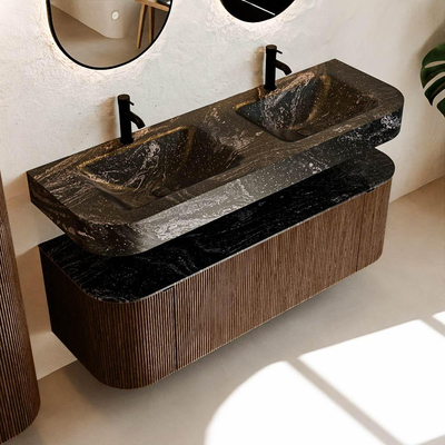 MONDIAZ THOR-DLUX Meuble de salle de bains 140cm arrondi gauche + droite couleur Walnut avec 1 tiroir et 2 portes. Vasque suspendue CLOUD Double 2 trous de robinet couleur Lava.