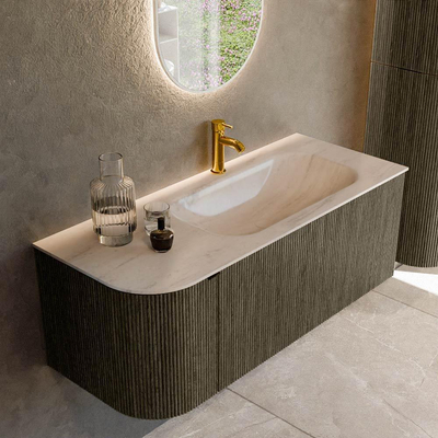 MONDIAZ KURVE-DLUX Meuble de salle de bains 115cm arrondi à gauche couleur Shadow avec 1 tiroir et 1 porte. Lavabo BIG SMALL à droite 1 trou de robinet Meli.