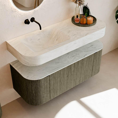 MONDIAZ THOR-DLUX 120cm meuble de salle de bains arrondi gauche + droite couleur Shadow avec 1 tiroir et 2 portes. Vasque suspendue CLOUD Gauche sans trou de robinet couleur Opalo.