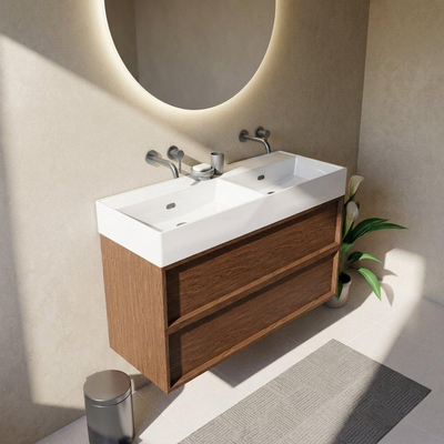Saniclass Holz Frame Ensemble meuble de salle de bains - 120x45x72cm - Legend lavabo en céramique blanc - 2 vasques - sans trous de robinetterie - 2 tiroirs - noyer pure mat (bois)