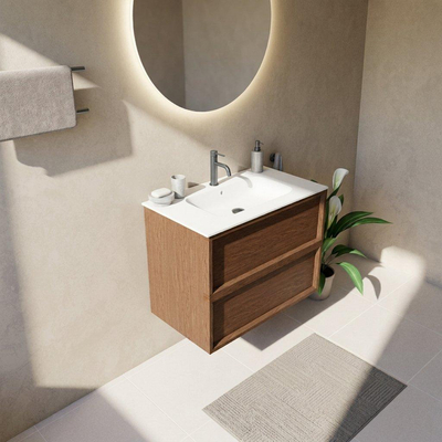 Saniclass Holz Frame Ensemble de meuble de salle de bains - 80x45x61.5cm - Flow lavabo en solid surface blanc - 1 vasque - 1 trou de robinetterie - 2 tiroirs - mat walnut pure (bois)