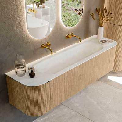 MONDIAZ KURVE-DLUX 170cm badmeubel met module 25 Len R kleur Oak met 1 lade en 2 deuren. Wastafel BIG LARGE midden zonder kraangat kleur Opalo.