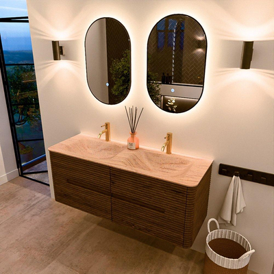 Mondiaz CIRO-DLUX Badkamermeubelset - 130x45x50cm - Solid surface wastafel Saba - 2 wasbak Dubbel - 2 kraangaten - 4 lades - Dusk