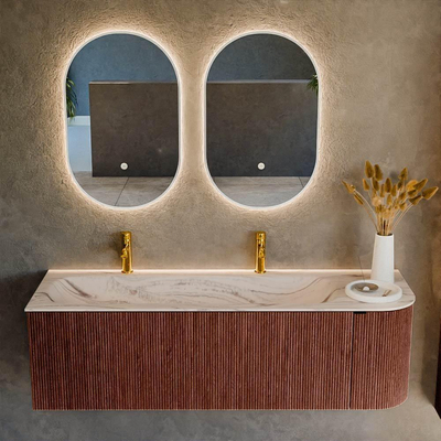 MONDIAZ KURVE-DLUX 145cm badmeubel ronding Rechts kleur Ruby met 1 lade en 1 deur. Wastafel BIG LARGE Links 2 kraangaten Nata.