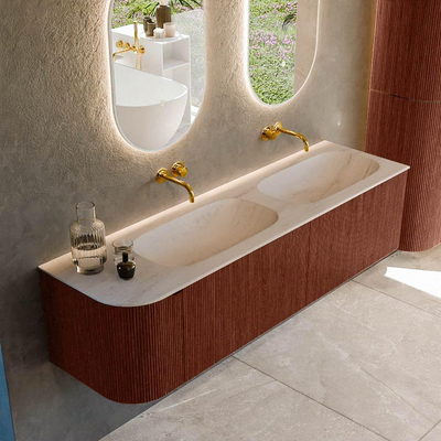 MONDIAZ KURVE-DLUX 165cm badmeubel ronding Links kleur Ruby met 2 lades en 1 deur. Wastafel STOR SMALL Dubbel / Rechts zonder kraangat Meli.