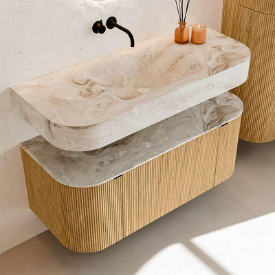 MONDIAZ THOR-DLUX 110cm badmeubel ronding links + rechts kleur Oak met 1 lade en 2 deuren. Vrijhangende wastafel CLOUD Midden zonder kraangat kleur Frappe.