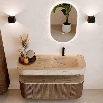 MONDIAZ THOR-DLUX 120cm meuble de salle de bains arrondi gauche + droite couleur Walnut avec 1 tiroir et 2 portes. Vasque suspendue CLOUD Droite 1 trou de robinet couleur Arena.