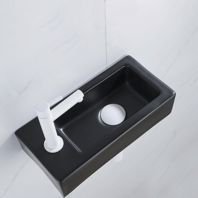 QeramiQ Fuente pack lave-mains – 37,5 x 18,5 x 9 cm – céramique noir mat – perçage à gauche – robinet blanc mat