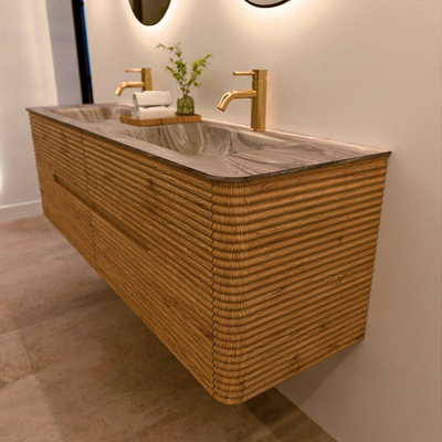 Mondiaz CIRO-DLUX Badkamermeubelset - 160x45x50cm - Solid surface wastafel Sombra - 2 wasbak Dubbel - 2 kraangaten - 4 lades - Oak