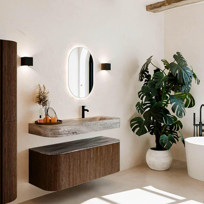 MONDIAZ THOR-DLUX 120cm meuble de salle de bains arrondi gauche + droite couleur Walnut avec 1 tiroir et 2 portes. Vasque suspendue CLOUD Droite 1 trou de robinet couleur Oza.