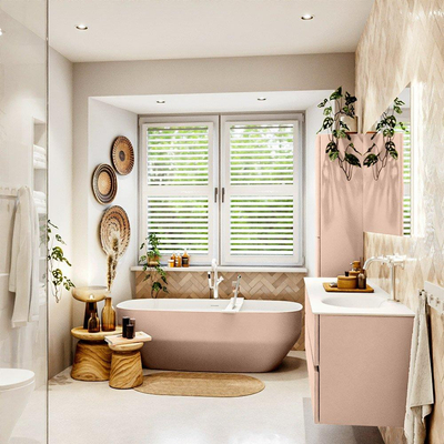 Mondiaz Vica ensemble de meuble de salle de bain - 160cm - meuble sous-vasque rosee - 4 tiroirs - lavabo moon droite - 1 trou de robinet - version haute de 60cm - talc