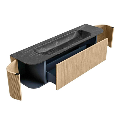 MONDIAZ KURVE-DLUX 170cm badmeubel met module 25 Len R kleur Oak met 1 lade en 2 deuren. Wastafel BIG LARGE midden 2 kraangaten kleur Lava.