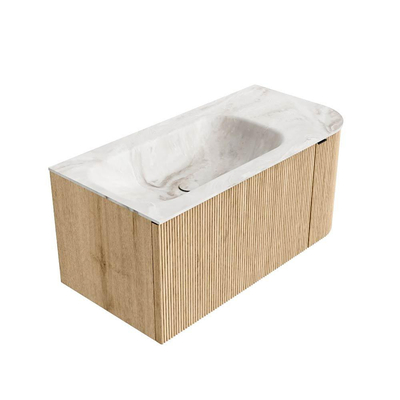 MONDIAZ KURVE-DLUX meuble de salle de bains 95cm avec module 25 R couleur chêne avec 1 tiroir et 1 porte. Lavabo BIG SMALL gauche 1 trou de robinet couleur Frappe.