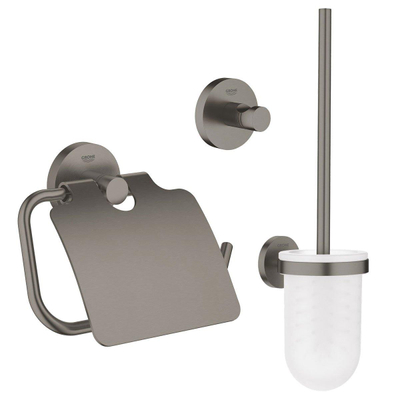 GROHE Essentials Ensemble d’accessoires pour toilettes 3 pièces avec porte-balai de toilettes, patère et porte-rouleau de papier toilette avec clapet brushed hard graphite