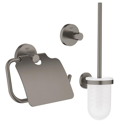 GROHE Essentials Toilet accessoireset 3-delig met toiletborstelhouder, handdoekhaak en toiletrolhouder met klep brushed hard graphite