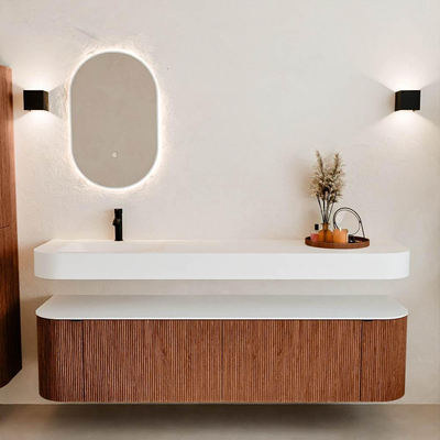 MONDIAZ THOR 180cm meuble de salle de bains arrondi gauche + droite couleur Ruby avec 2 tiroirs et 2 portes. Vasque suspendue CLOUD Gauche 1 trou de robinet couleur Talc.