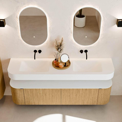 MONDIAZ THOR 180cm badmeubel ronding links + rechts kleur Oak met 2 lades en 2 deuren. Vrijhangende wastafel CLOUD Dubbel zonder kraangat kleur Talc.