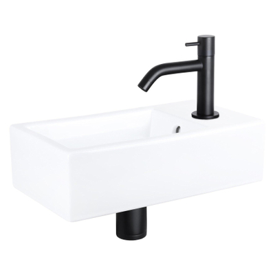 Differnz Force Set lave-mains 40x22x8cm 1 trou avec robinet courbé et siphon + bonde noir mat Rectangulaire Céramique Blanc